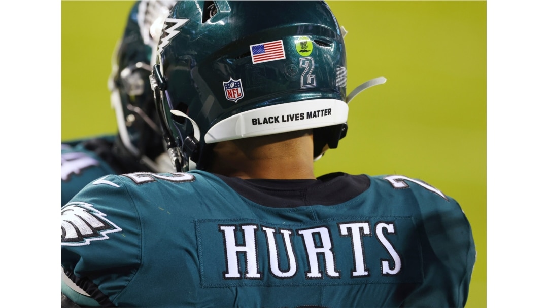 FILE - Philadelphia Eagles player Jalen Hurts wears a Black Lives Matter decal on the back of his helmet during an NFL football game against the Washington Football Team, Jan. 3, 2021, in Philadelphia.