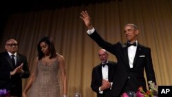 FILE - Then-President Barack Obama waves after speaking at the annual White House Correspondents' Association dinner at the Washington Hilton, April 30, 2016. President Donald Trump says he'll be skipping the dinner this year.
