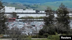 FILE - Parking lots appear full at Tesla Inc's Fremont, California factory, in the U.S. March 18, 2020. 