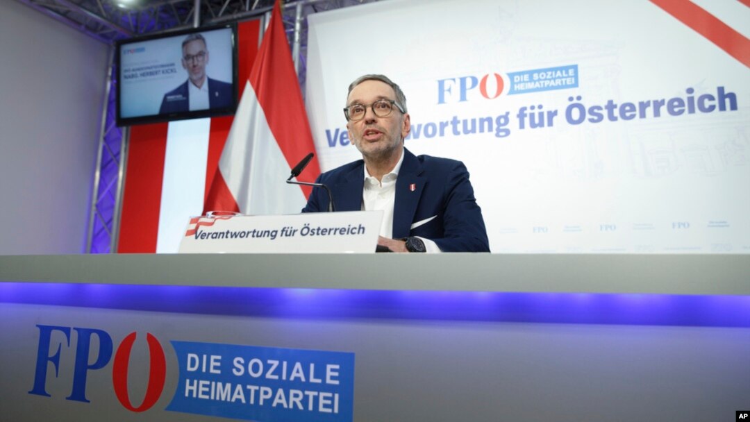 The leader of Austria's Freedom Party, Herbert Kickl, addresses a news conference, in Vienna, Austria, Jan. 7, 2025.