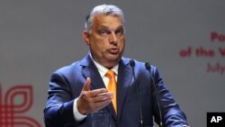 Viktor Orban Prime Minister of Hungary attends a news conference following talks with his counterparts from central Europe's Visegrad Group in Lublin, Poland, Sept. 11, 2020.