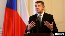 Czech Prime Minister Andrej Babis speaks to media after tendering the resignation of his cabinet to President Milos Zeman at the Prague, Castle in Prague, Czech Republic, Jan. 24, 2018. 