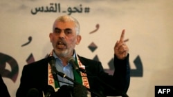 (FILE) Hamas' leader in the Gaza Strip Yahya Sinwar speaks during a press conference for Quds Day in Gaza City on 30 May, 2019.