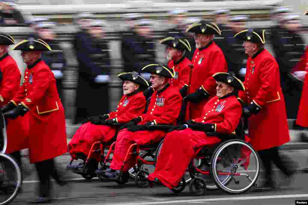 Chelsea Pensioners attend the annual Remembrance Sunday ceremony at the Cenotaph on Whitehall in London.