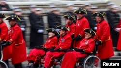 Chelsea Pensioners attend the annual Remembrance Sunday ceremony at the Cenotaph on Whitehall in London.