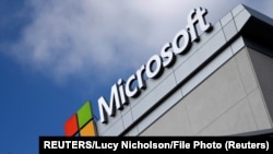 A Microsoft logo is seen in Los Angeles, California