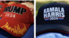 Campaign merchandise for the 2024 presidential campaigns of former President Donald Trump and Vice President Kamala Harris.