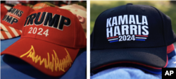 Productos de promoción para las campañas presidenciales de 2024 del expresidente Donald Trump y la vicepresidenta Kamala Harris.