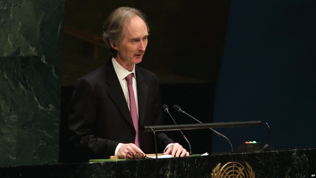 FILE - Norway's Ambassador Geir O. Pederson addresses the United Nations General Assembly.