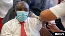 South African President Cyril Ramaphosa receives the Johnson and Johnson coronavirus disease (COVID-19) vaccination at the Khayelitsha Hospital near Cape Town, South Africa, Feb. 17, 2021.