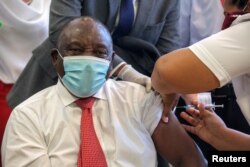 South African President Cyril Ramaphosa receives the Johnson and Johnson coronavirus disease (COVID-19) vaccination at the Khayelitsha Hospital near Cape Town, South Africa, Feb. 17, 2021.