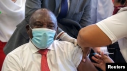 FILE: South African President Cyril Ramaphosa receives the Johnson and Johnson coronavirus disease (COVID-19) vaccination at the Khayelitsha Hospital near Cape Town, South Africa, Feb. 17, 2021.