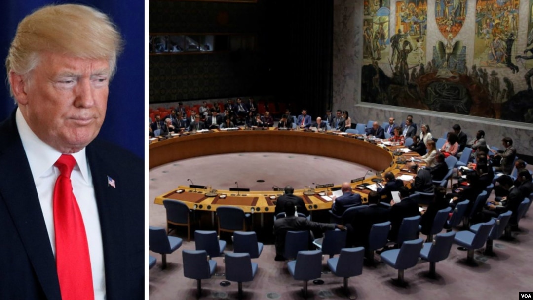 Tổng thống Mỹ Donald Trump và hình ảnh phiên họp của Hội đồng Bảo an LHQ.