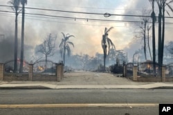 This photo provided by EJ Soto shows the destroyed entrance to the housing development from which her family was forced to evacuate due to wildfire on Jan. 8, 2025, in Altadena, California. (EJ Soto via AP)