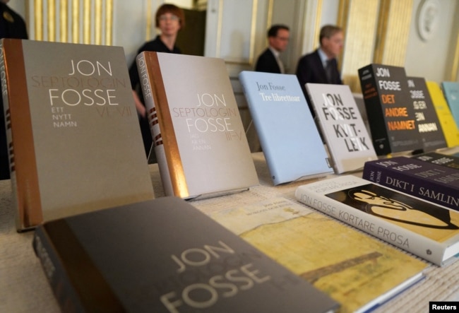 Books by Norwegian author Jon Fosse are put on display in the Swedish Academy after he was named the 2023 laureate of the Nobel Prize in Literature in Stockholm, Sweden, October 5, 2023. (REUTERS/ Tom Little)