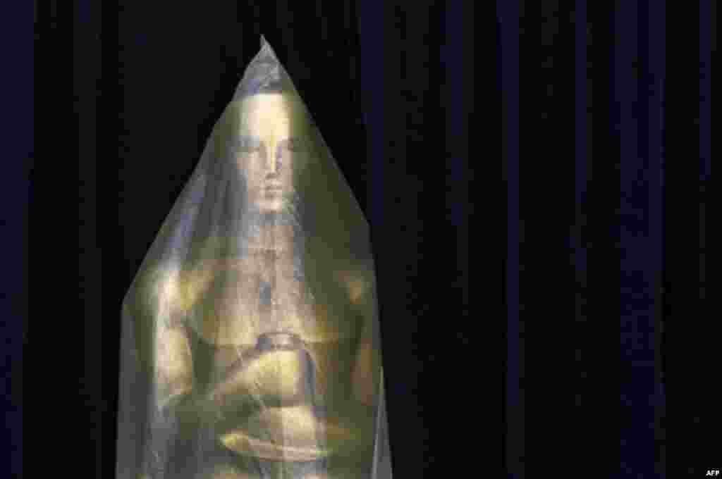 Covered in plastic, an Oscar statue peeks out from a curtain on the red carpet as preparations for the 84th Academy Awards continue in Los Angeles on Friday, Feb. 24, 2012. �The Oscars will be held on Sunday. (AP Photo/Amy Sancetta)