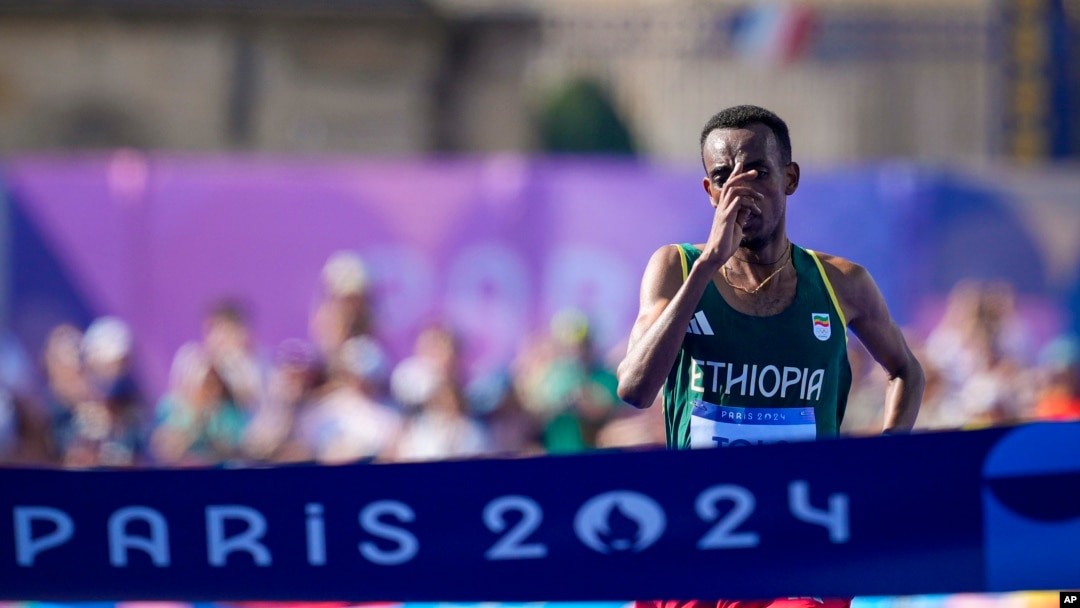 Ethiopia's Tamirat Tola approaches the finish line to win the men's marathon at the 2024 Summer Olympics on Aug. 10, 2024, in Paris. Tola collected Ethiopia's only gold medal.