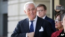 FILE - Roger Stone exits federal court in Washington, Nov. 15, 2019.