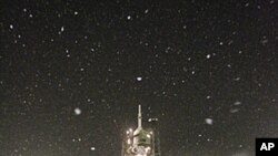 The Soyuz TMA-22 spacecraft rests on its launch pad at Baikonur cosmodrome. Members of the International Space Station (ISS) crew U.S. astronaut Daniel Burbank and Russian cosmonauts Anton Shkaplerov and Anatoly Ivanishin, November 14, 2011.