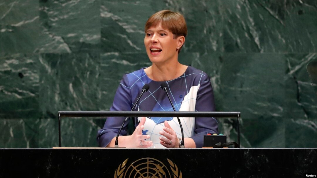 FILE - Estonia's President Kersti Kaljulaid addresses the 74th session of the United Nations General Assembly at U.N. headquarters in New York City, New York, Sept. 25, 2019.