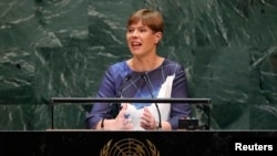 FILE - Estonia's President Kersti Kaljulaid addresses the 74th session of the United Nations General Assembly at U.N. headquarters in New York City, New York, Sept. 25, 2019.