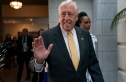 FILE - House Majority Leader Steny Hoyer, D-Md., arrives for a gathering of the House Democratic caucus as Congress returns for the fall session, at the Capitol in Washington, Sept. 10, 2019.