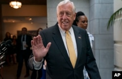 FILE - House Majority Leader Steny Hoyer, D-Md., arrives for a gathering of the House Democratic caucus as Congress returns for the fall session, at the Capitol in Washington, Sept. 10, 2019.