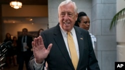 House Majority Leader Steny Hoyer, D-Md., arrives for a gathering of the House Democratic Caucus as Congress returns for the fall session, at the Capitol in Washington, Sept. 10, 2019.