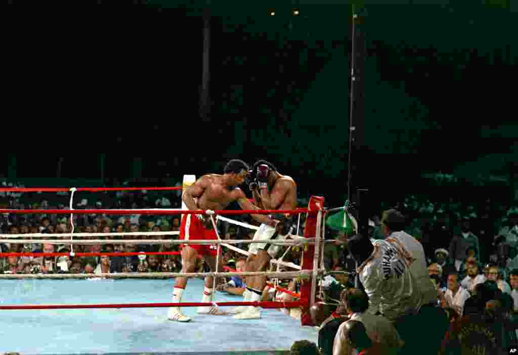 Juara bertahan George Foreman menyudutkan Muhammad Ali dengan jab kiri pada pertandingan WBA/WBC di Kinshasa, Zaire, pada 30 Oktober 1974. Ali merebut kembali gelar juara kelas berat setelah mengalahkan Foreman di ronde kedelapan.