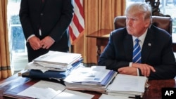 资料照片：时任美国总统特朗普坐在白宫椭圆形办公室的办公桌后。(2017年2月8日)