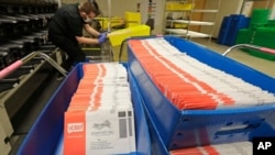Boletas por correo colocadas en bandejas en el centro electoral de Renton, Washington.