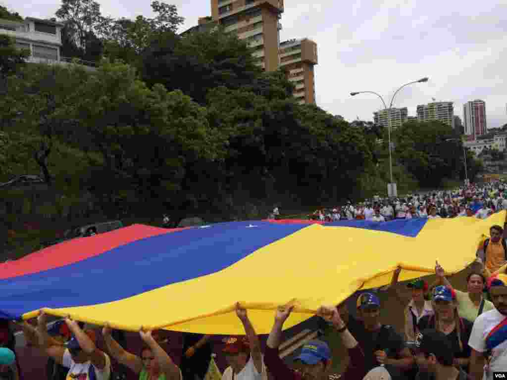 Opositores del gobierno de Nicolás Maduro llevan la bandera nacional de Venezuela exigiendo nuevas elecciones presidenciales. Foto: Álvaro Algarra/VOA