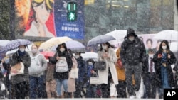 Warga berjalan melintasi persimpangan Shibuya yang terkenal saat salju turun di tengah penyebaran varian omicron, Kamis, 6 Januari 2022, di Tokyo. (Foto: AP)