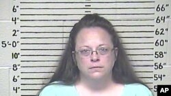 FILE - Kim Davis, clerk of Rowan County, Ky., remains jailed at the Carter County Detention Center for refusing to issue marriage licenses to gay couples.