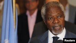 Utusan perdamaian PBB untuk Suriah, Kofi Annan dalam jumpa pres seusai pertemuan dengan Presiden Suriah Bashar al-Assad di Damaskus (9/7).