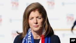 FILE - Caroline Kennedy, daughter of former President John F. Kennedy, before she christened the nuclear aircraft carrier John F. Kennedy at Newport News Shipbuilding in Newport News, Va., on Dec. 7, 2019.