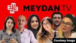 Meydan TV journalists, including editor Aynur Elgunash, left, are being detained in what watchdogs say is a media crackdown in Azerbaijan. The others shown are Natig Javadli, Aytaj Tapdig, Aysel Umudova, Ramin Jabrayilzada and Khayala Agayeva. (Meydan TV)