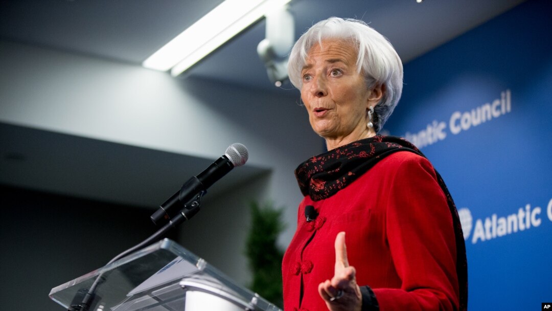 FILE - International Monetary Fund Managing Director Christine Lagarde speaks at the Atlantic Council, Washington, April 9, 2015.