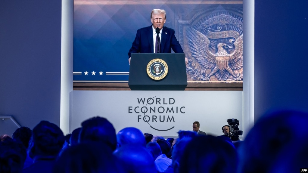 Presidenti amerikan Donald Trump gjatë fjalimit të tij virtual në Forumin Ekonomik Botëror në Davos më 23 janar, 2025/AFP