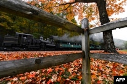 Lokomotif bertenaga uap menarik wisatawan dalam gerbong di dekat stasiun kereta api di Cass, West Virginia Barat, 7 Oktober 2021. (ROBERTO SCHMIDT / AFP)