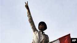 An anti-government protester during clashes with pro-government supporters, near the Egyptian Museum in downtown Cairo, February 2, 2011