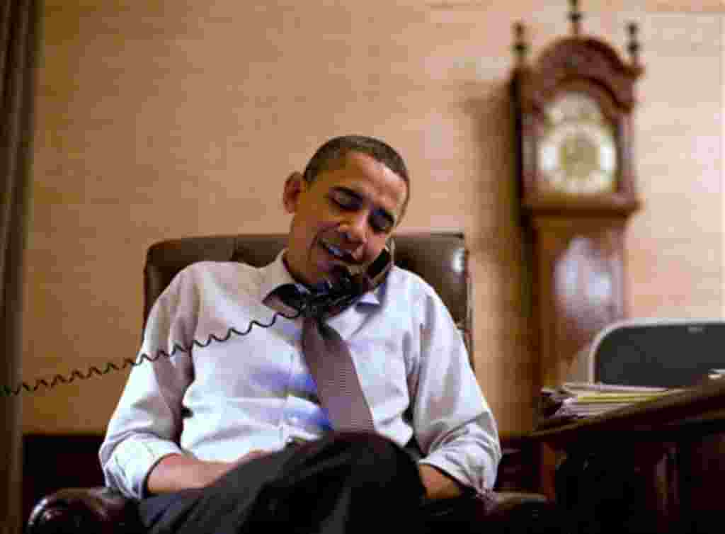 In this image released by the White House, President Barack Obama makes an election night phone call to Rep. John Boehner, R-Ohio, who will most likely be the next House Speaker, from the Treaty Room in the White House residence, Tuesday, Nov. 2, 2010, in