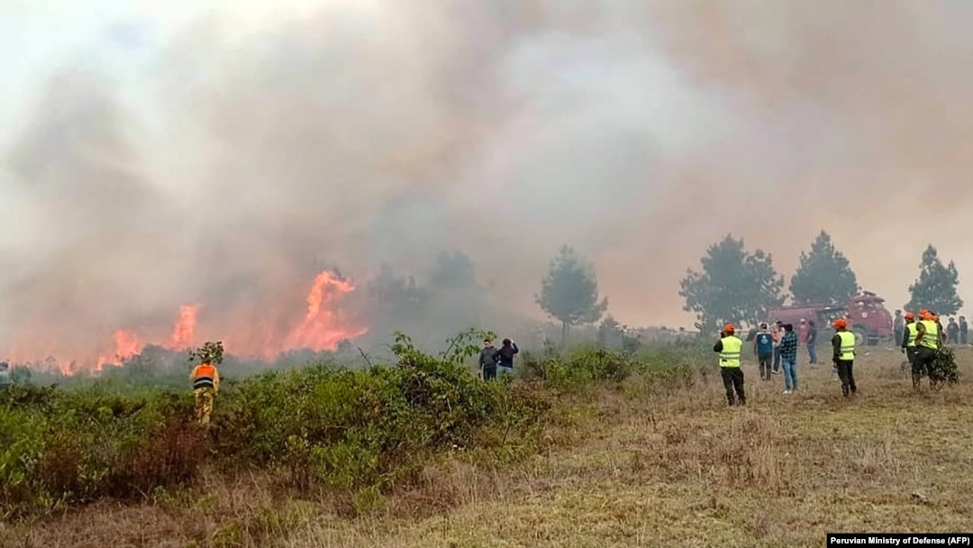 This photo released by the Peruvian Ministry of Defense shows Civil Defense members, firefighters, and volunteers try to extinguish a fire in the Amazon Region in northern Peru, Sept. 16, 2024. (Peruvian Ministry of Defense via AFP) 