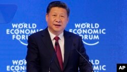 China's President Xi Jinping speaks at the World Economic Forum in Davos, Switzerland, Jan. 17, 2017.