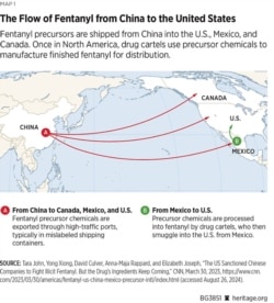 芬太尼前体化学品从中国流向美国。（source: 传统基金会报告截图）