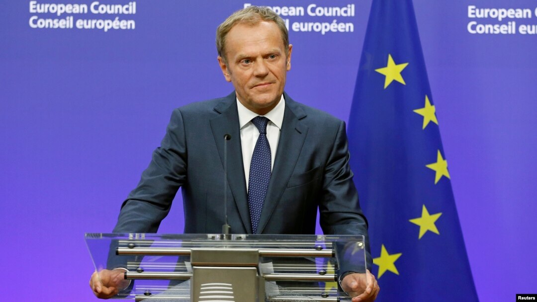FILE - European Council President Donald Tusk briefs the media after Britain voted to leave the bloc, in Brussels, Belgium, June 24, 2016.
