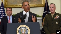 President Barack Obama, flanked by Defense Secretary Ash Carter, left, and Joint Chiefs Chairman Gen. Joseph Dunford, makes a statement on Afghanistan from the Roosevelt Room of the White House in Washington, July 6, 2016. 