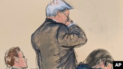 In this courtroom sketch, former Senator Bob Menendez breaks down crying while giving his sentencing statement in Manhattan federal court in New York, Jan. 29, 2025.