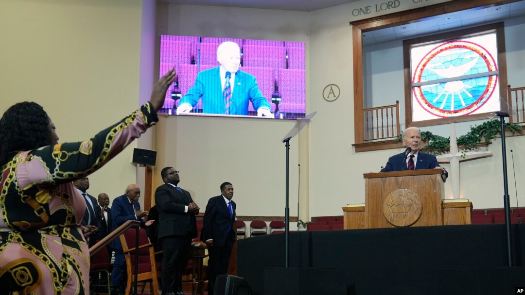 President Joe Biden speaks during a church service at Royal Missionary Baptist Church in North Charleston, South Carolina, Jan. 19, 2025.
