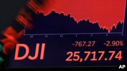 A screen above the floor of the New York Stock Exchange shows the closing number for the Dow Jones industrial average, Aug. 5, 2019. 